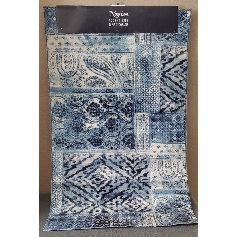 Nourison Watercolor Accent Rug 27x45 Blue Paisley Patchwork WWE04‎ BLU New